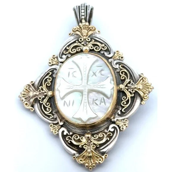 Designer Konstantino 925 Sterling Silver 18k Gold Mother of Pearl Cross Pendant - Picture 5 of 12